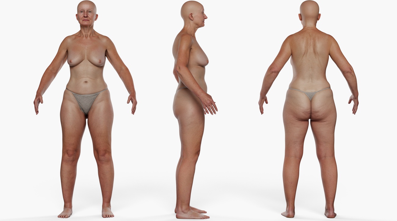 Full body 3D scan of a soft-figured older female with mature skin detail, retopologised quad mesh